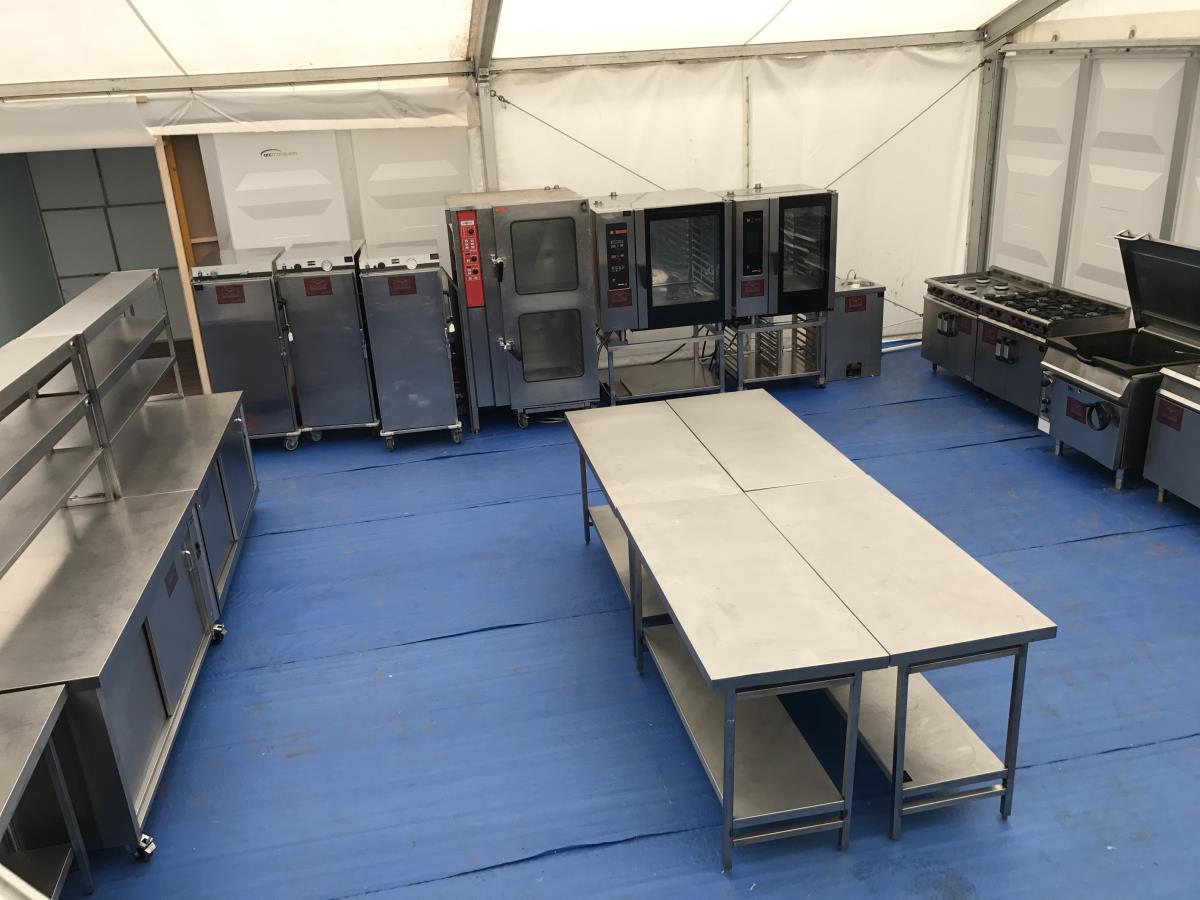Part of a large marquee kitchen complex serving 2,500 covers daily at a large sports event.